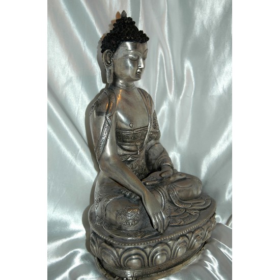 Buddha in Earth Touching Pose Statue: Silver, Nepal, 20th Century 
