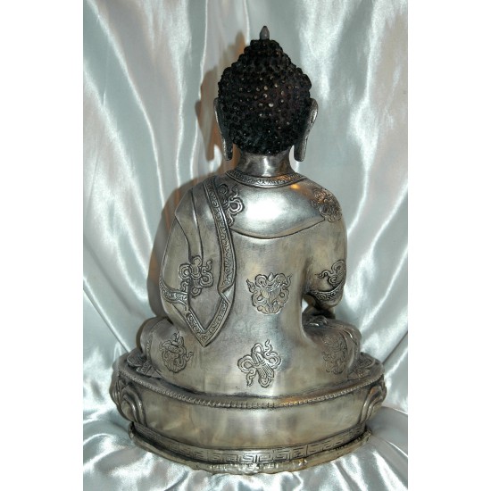 Buddha in Earth Touching Pose Statue: Silver, Nepal, 20th Century 