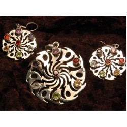 Silver Shiva Wheel Earrings & Pendant Set